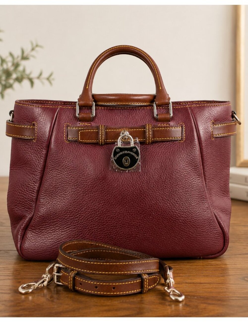 Dooney & Bourke Florentine Leather Satchel/Lock Bag–Burgundy/Oxblood